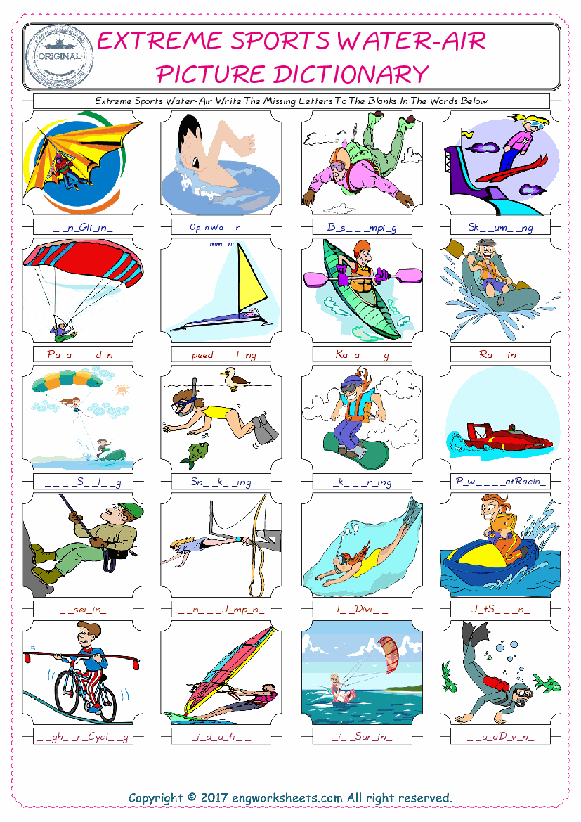  Extreme Sports Water-Air Words English worksheets For kids, the ESL Worksheet for finding and typing the missing letters of Extreme Sports Water-Air Words 